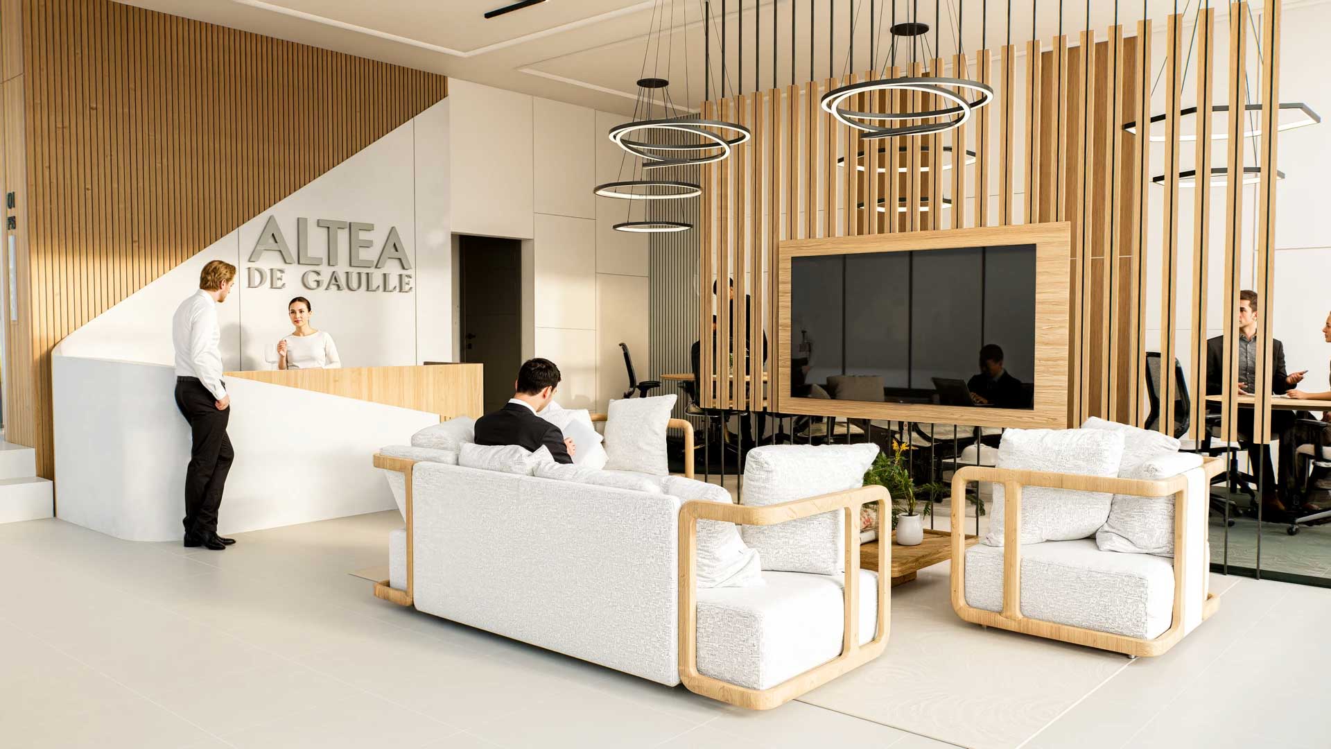 Lobby elegante de acesso com recepção